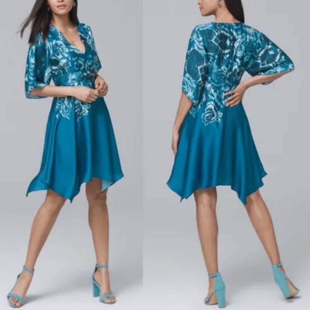 White House Black Market Womens 2 Dress V-neck Asymmetric Hem Split Sleeve Teal